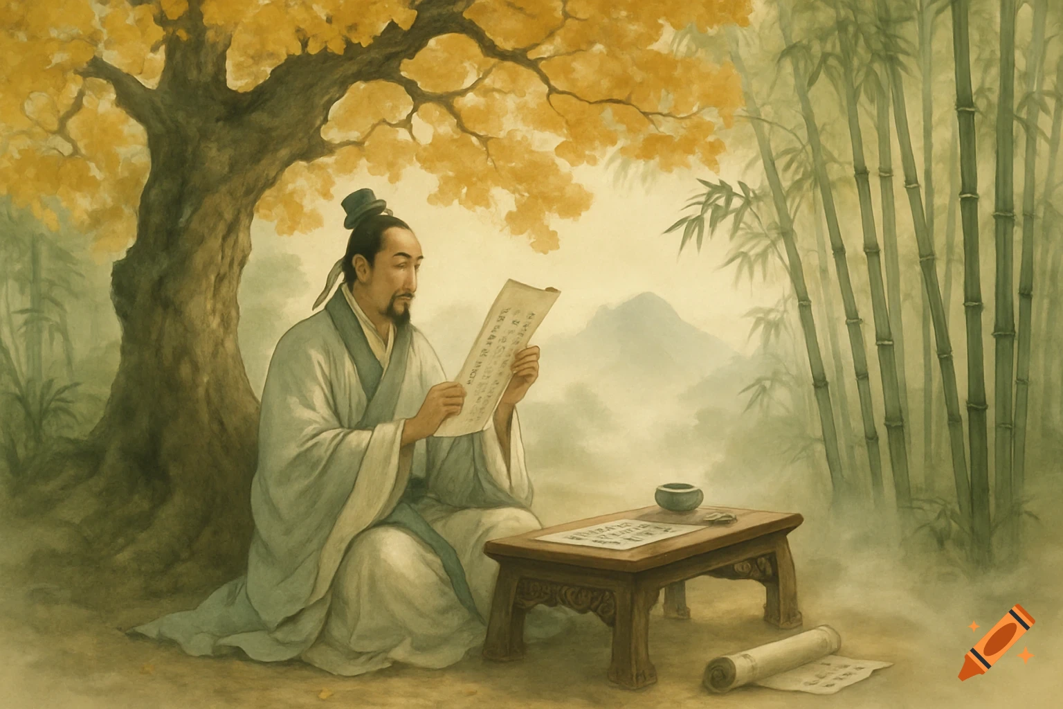 A man in traditional Chinese attire reads a scroll under a golden-leafed tree, with bamboo and misty mountains in a traditional painting style.