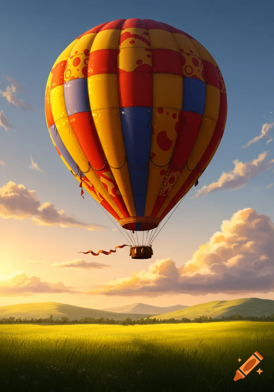 A vibrant red, yellow, and blue hot air balloon floats above a lush green field and rolling hills at sunset.