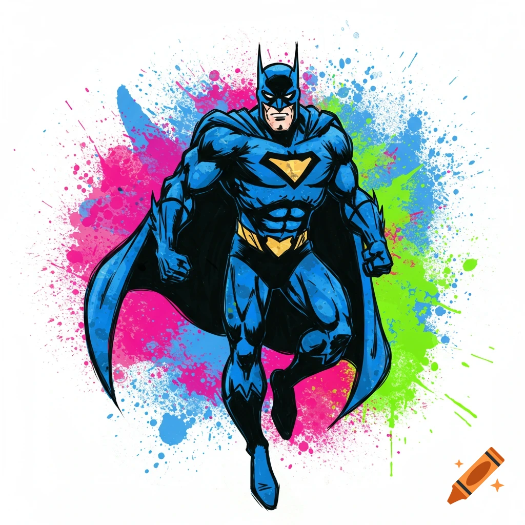 A blue-suited superhero with a yellow chest logo in a dynamic pose, against a vibrant background of pink, blue, and green paint splatters, comic book art style.
