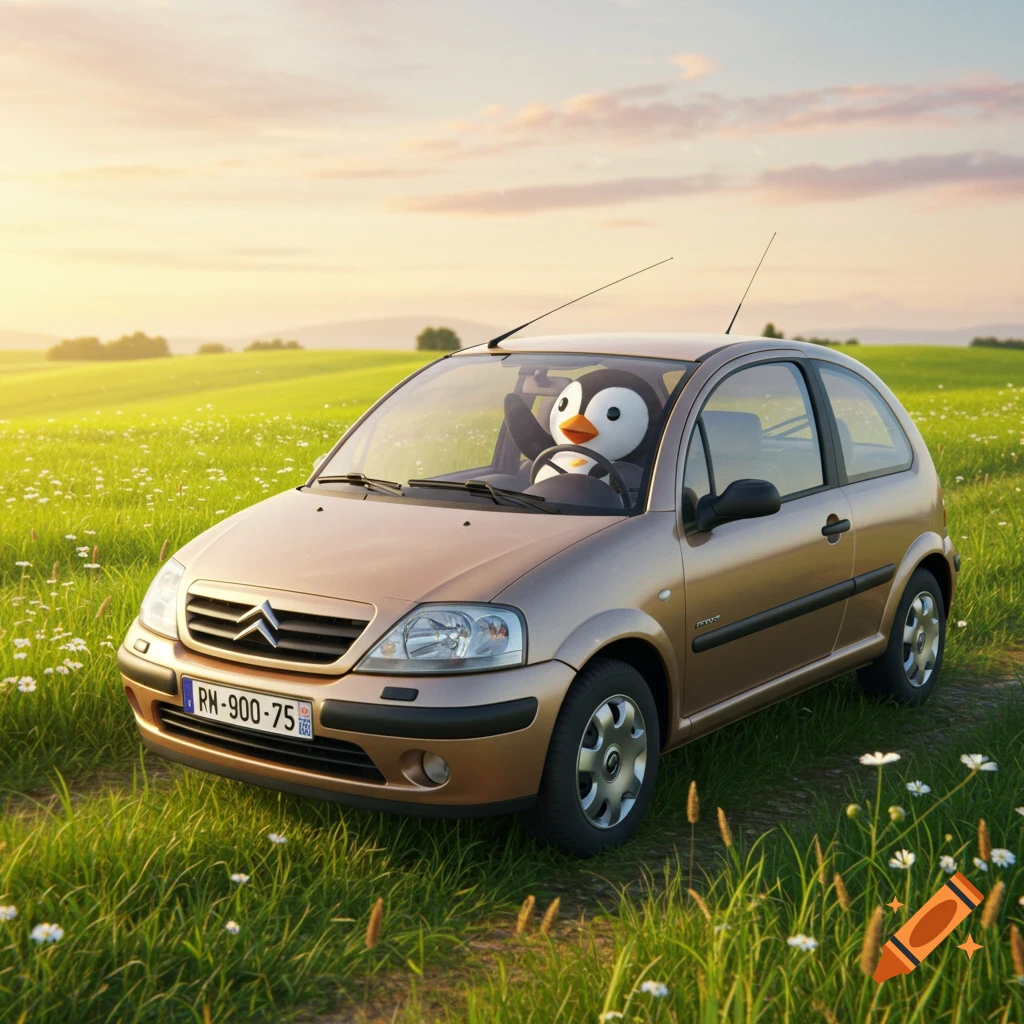 A cartoon penguin drives a gold Citroen C3 car through a sunny green field of wildflowers.