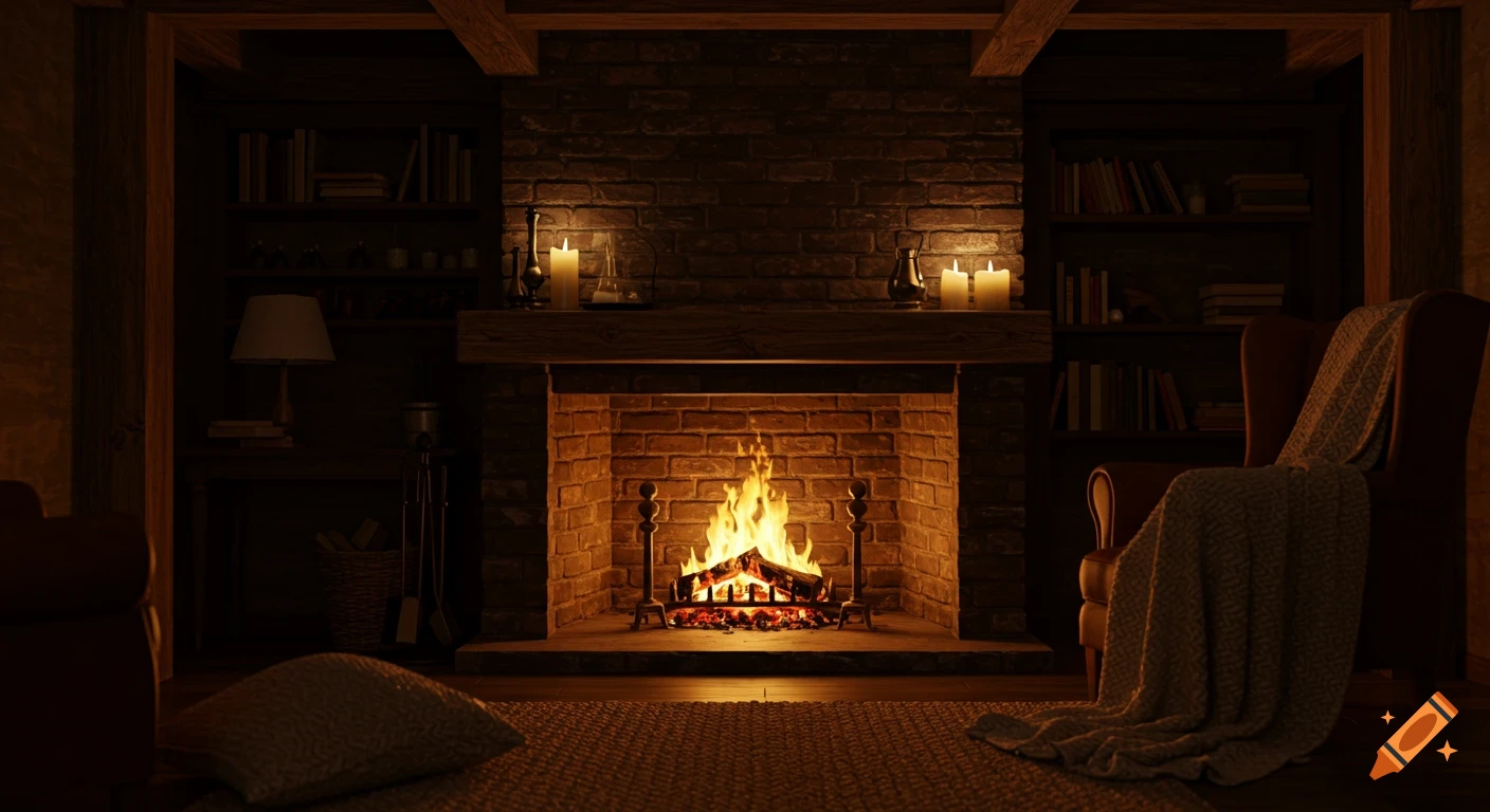 A warm, cozy living room with a brick fireplace, burning fire, armchairs, and bookshelves at night.