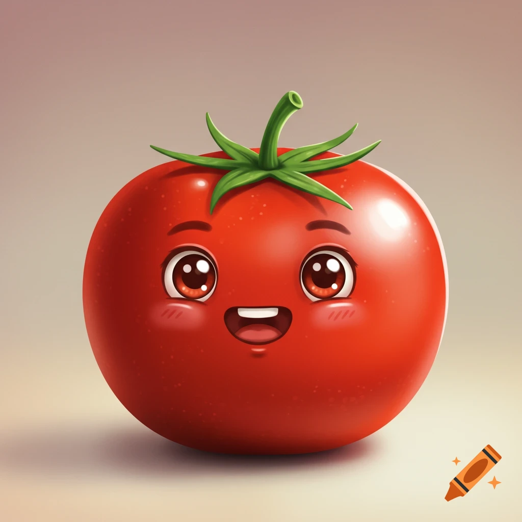 A cute, happy, round red tomato character with big eyes, rosy cheeks, and a green stem, in a cartoon style.