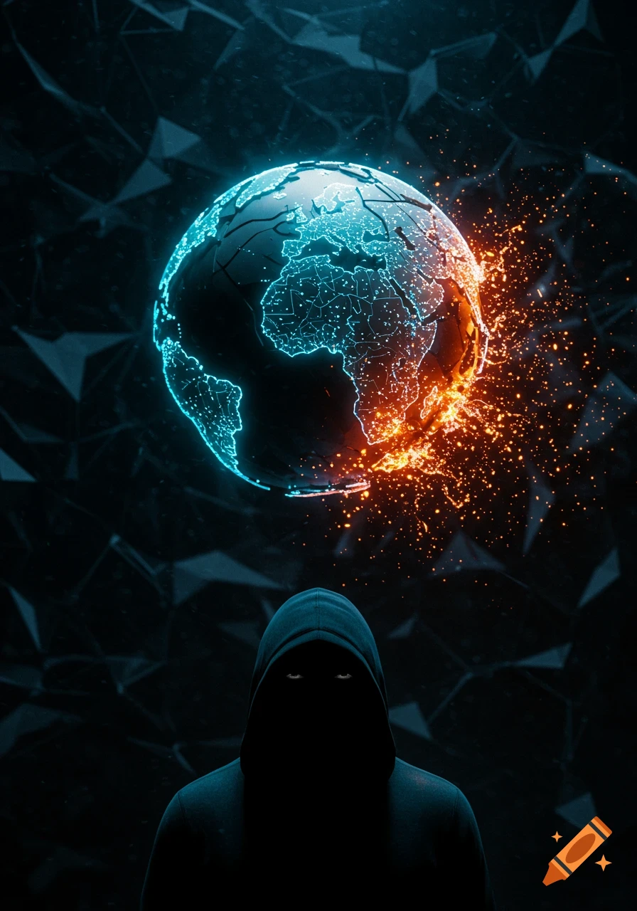 A hooded figure gazes at a digital Earth, half glowing blue with continents and half dissolving into orange particles on a dark, abstract background.