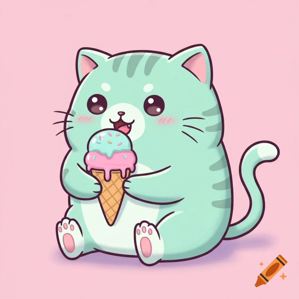 Adorable kawaii chubby mint-green cat happily eating a melting pink and blue ice cream cone on a pastel pink background.