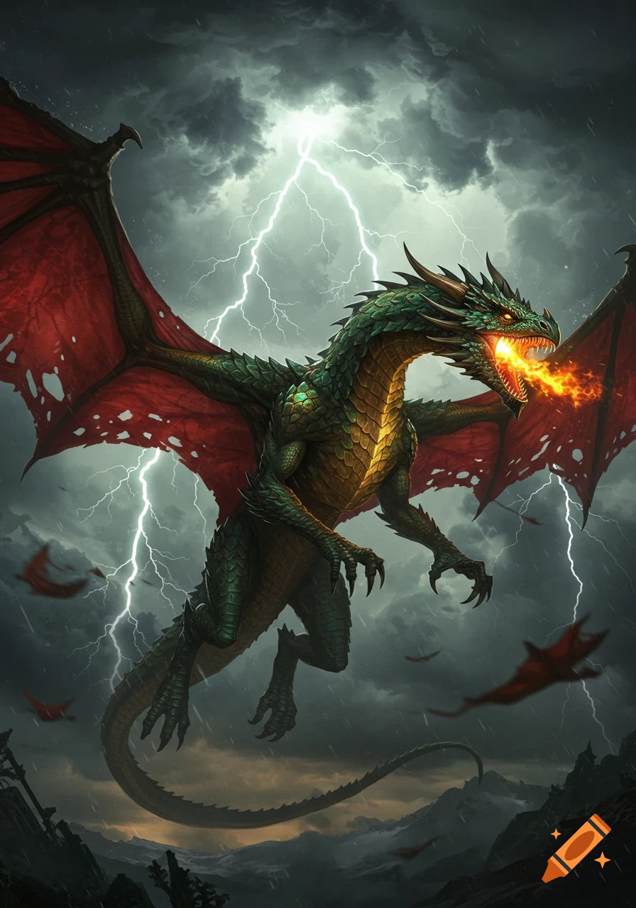 A majestic green dragon with red wings soars through a stormy sky filled with lightning and rain, breathing fire over mountain peaks. Detailed fantasy art.