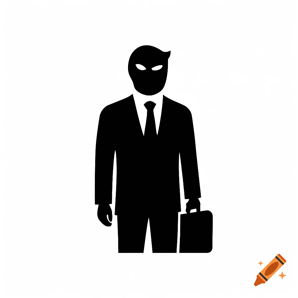 Black silhouette icon of a businessman wearing a mask and holding a briefcase.