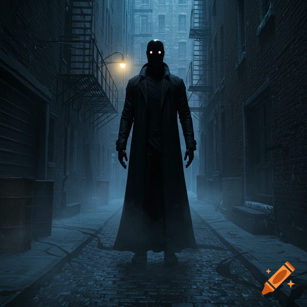 A tall, shadowy figure in a long dark trench coat with glowing white eyes stands in a foggy, dark urban alleyway.
