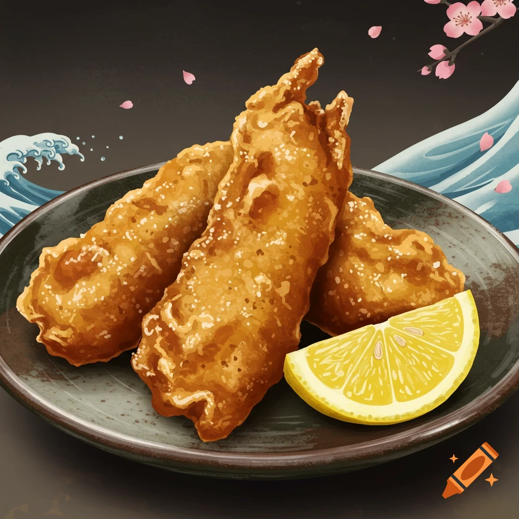 A plate of golden brown karaage fried chicken with a lemon wedge, depicted in a Japanese painting style with waves and cherry blossoms in the background.