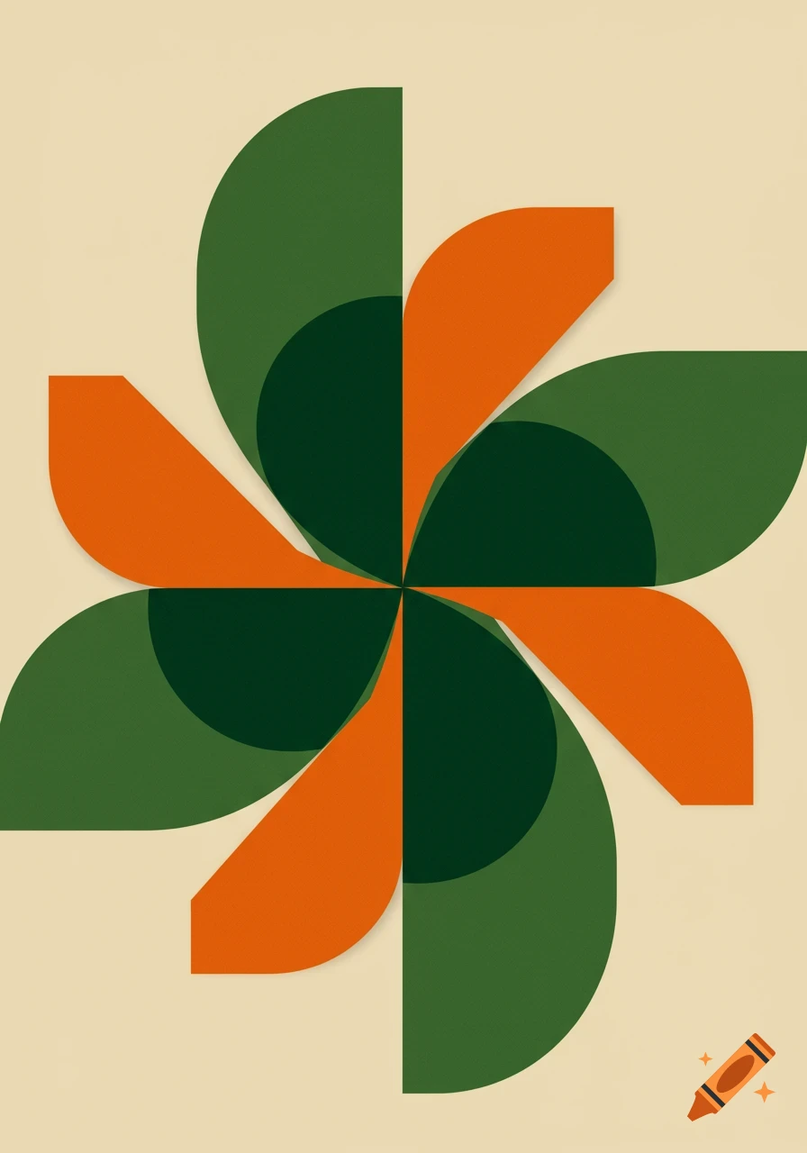 Symmetrical abstract geometric art with dark green and orange rounded shapes on a beige background.
