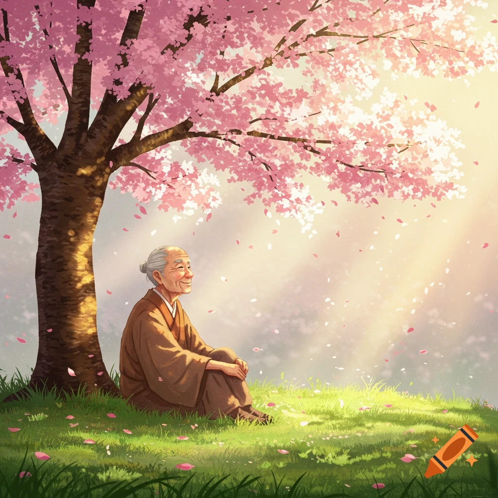 An elderly person with a kind expression sits under a pink cherry blossom tree, petals falling on green grass in an illustration.