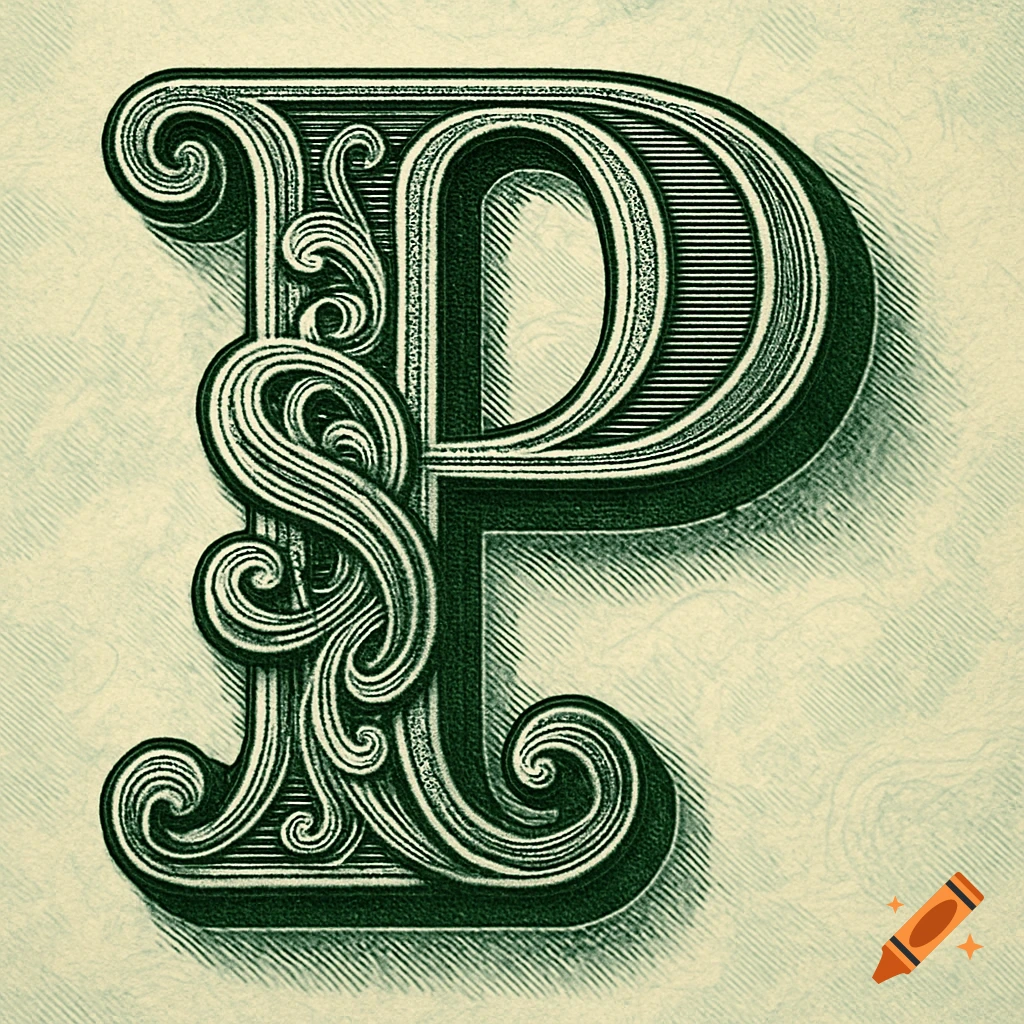 A highly detailed, ornate letter P, stylized like an engraving on a dollar bill, in shades of green on a light background.
