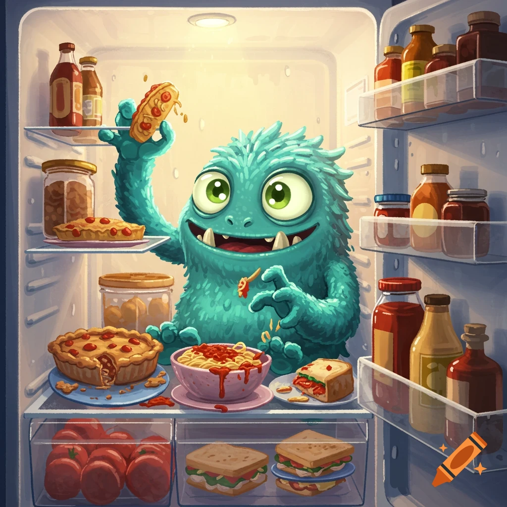 A whimsical cartoon blue monster happily eats food, including pie and spaghetti, inside a brightly lit refrigerator.