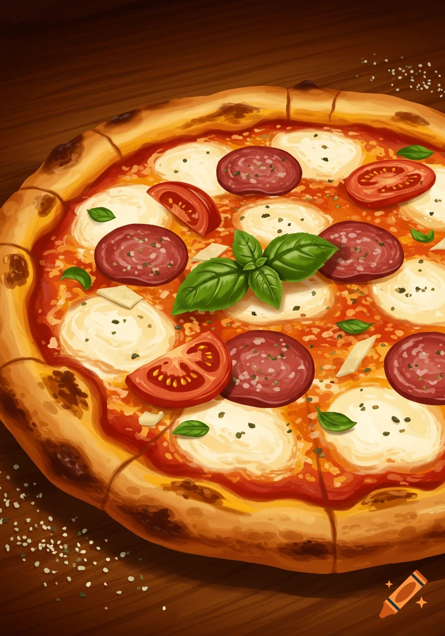 An illustrative close-up of a pizza with mozzarella, pepperoni, tomato slices, and basil on a wooden surface.