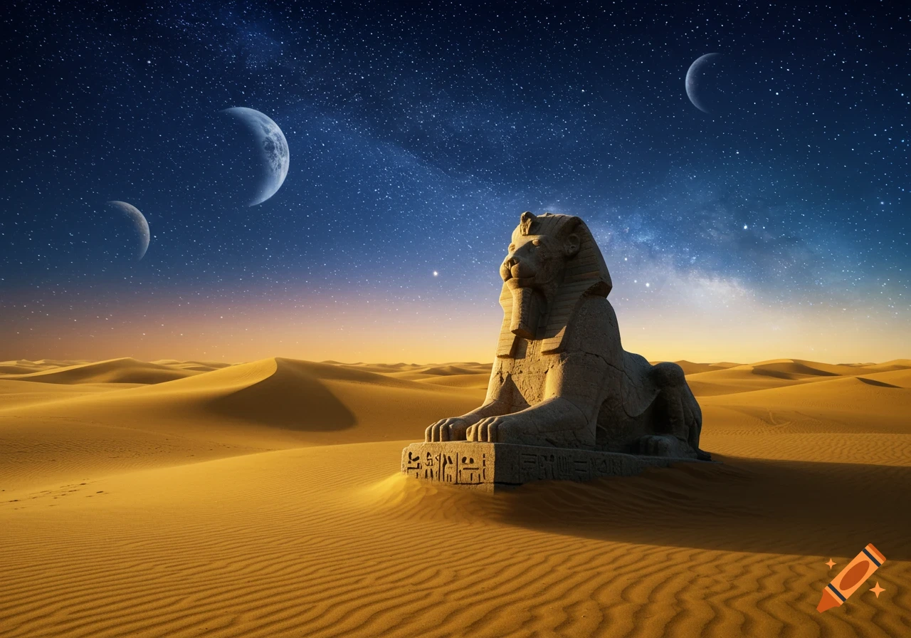 Photorealistic stone sphinx in a golden desert under a dark starry sky with multiple celestial bodies.