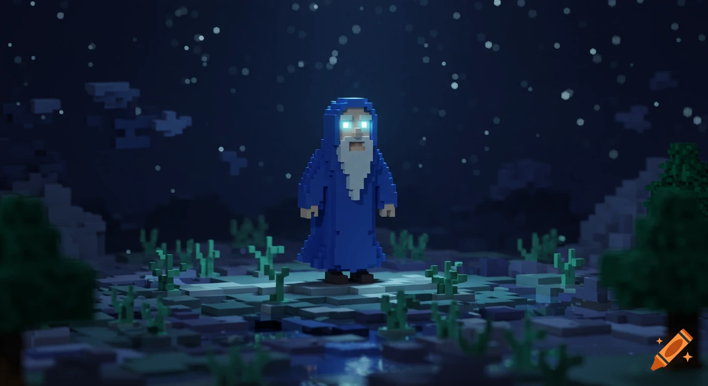 A pixel art wizard with glowing blue eyes, wearing a blue robe, standing in a blocky landscape at night under a starry sky.