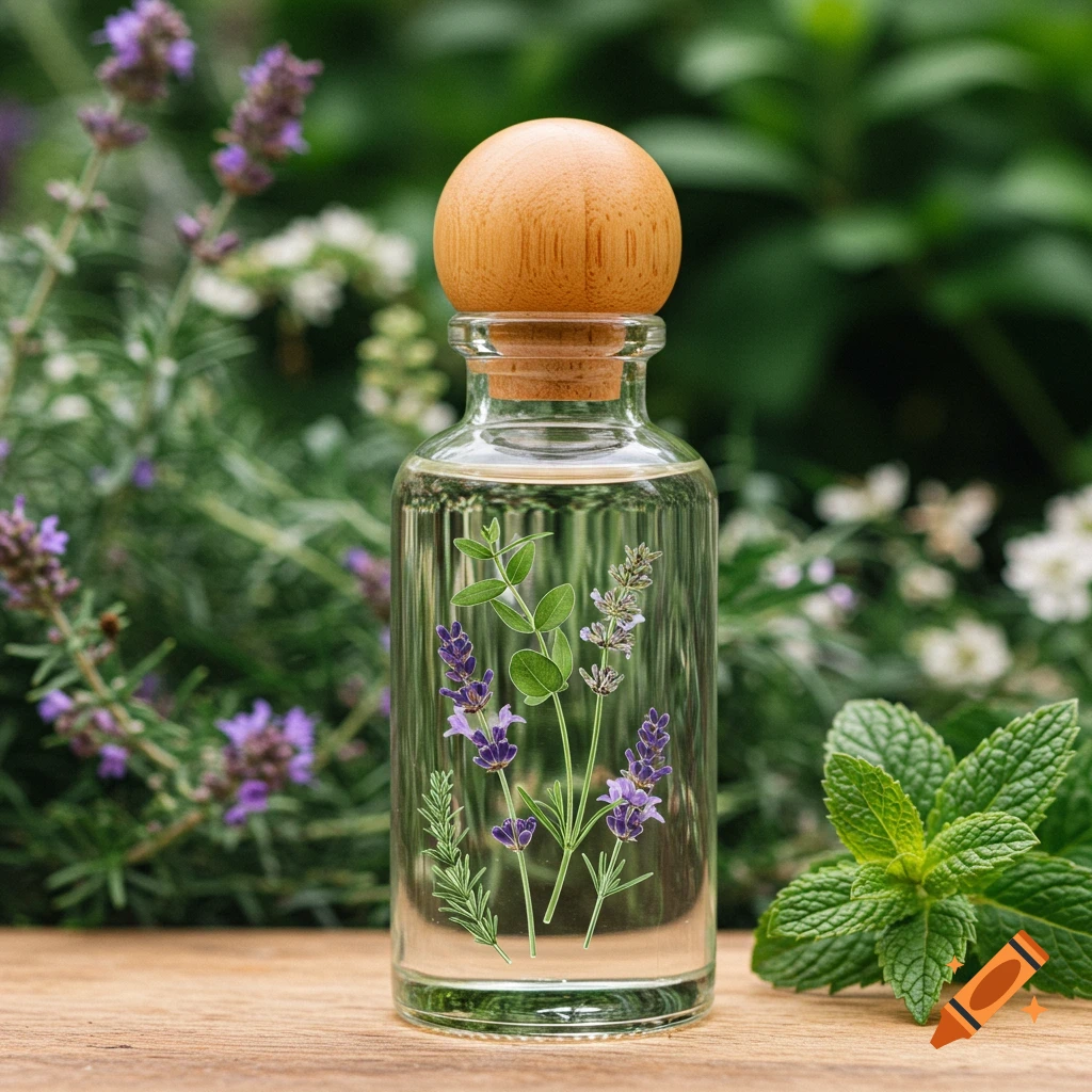 A clear glass bottle with a wooden ball stopper, featuring lavender and green herbs, on a wooden surface with a blurred natural background.