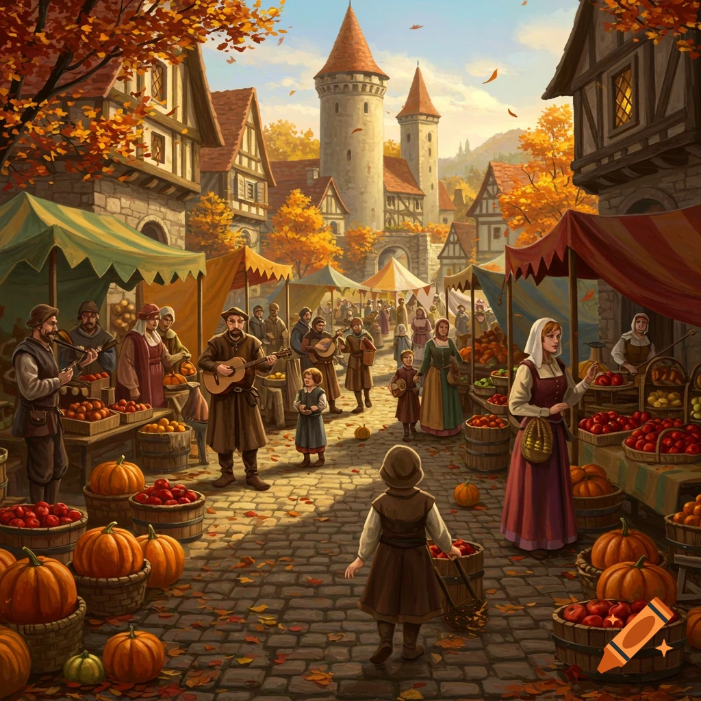 Vibrant illustration of a bustling medieval autumn market with villagers, stalls of pumpkins and apples, and castle towers.