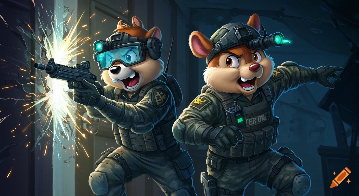 Two cartoon chipmunks in military gear breach a doorway, one firing a rifle with muzzle flash, the other pointing forward.