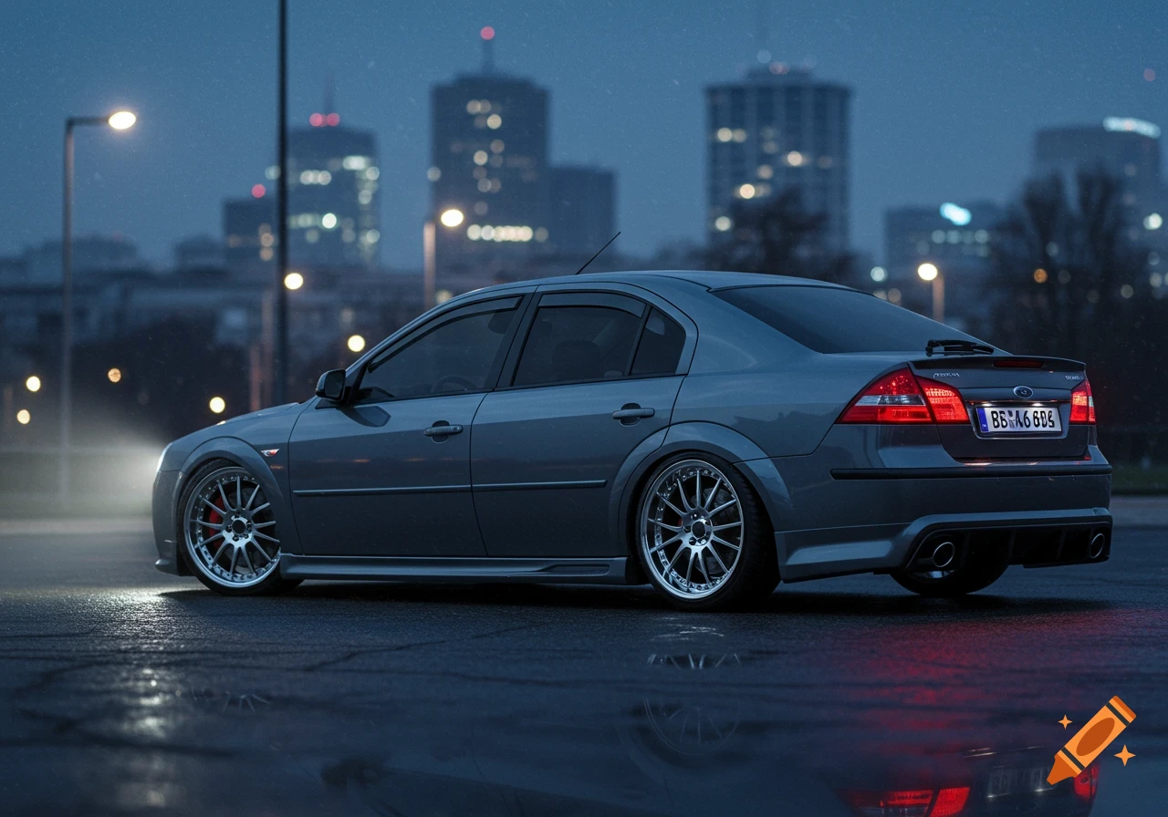 A modified gray Ford Mondeo sedan with BBS rims parked on wet asphalt at night, with city lights in the background.