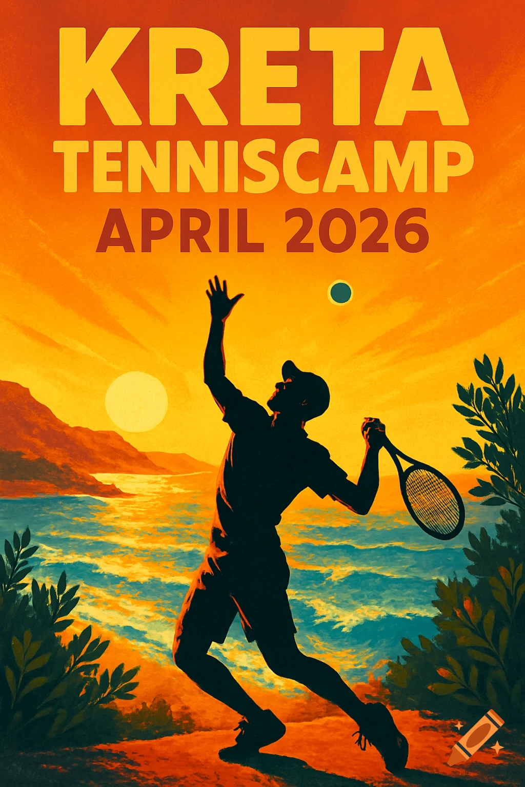 Stylized tennis poster featuring a silhouetted player serving by the sea at sunset, with 'KRETA TENNISCAMP APRIL 2026' text.