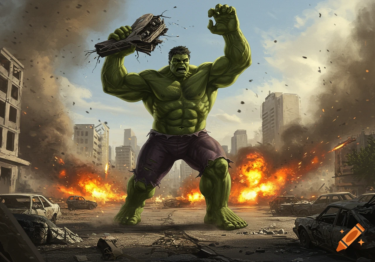 A muscular green Hulk-like creature roars, holding mangled metal over its head in a destroyed city engulfed in explosions and smoke.