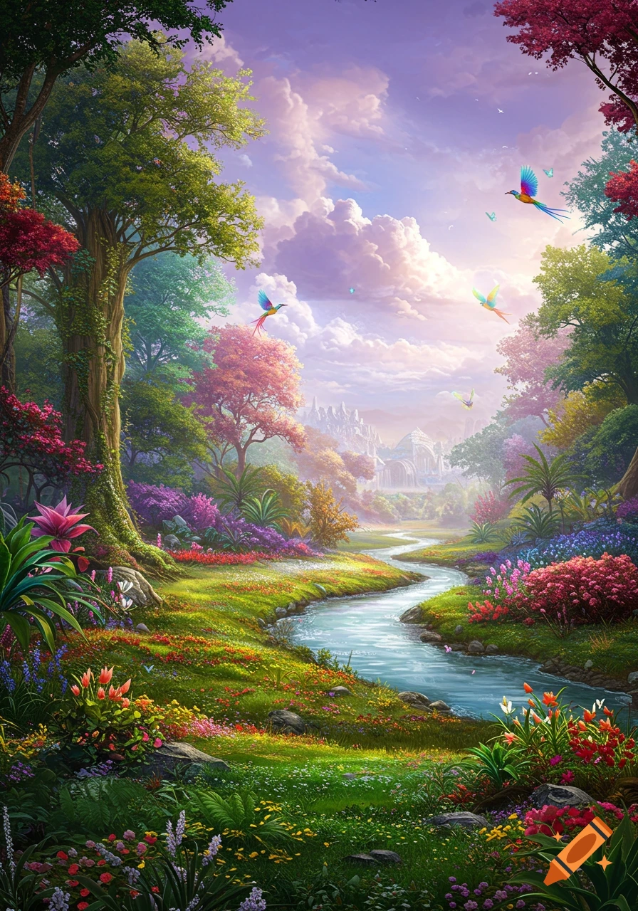 Vibrant fantasy landscape with a winding river, colorful flowers, lush trees, and a distant castle under a purple sky with flying birds.