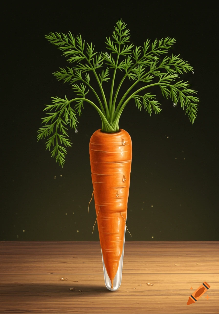A vibrant orange carrot with green leaves stands upright in a clear test tube on a wooden table, with water droplets.