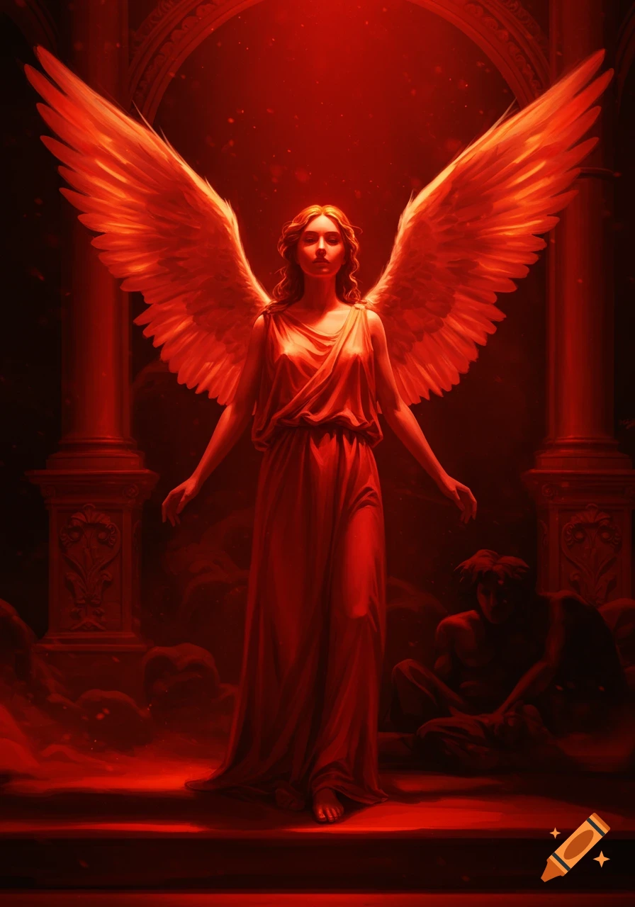 A majestic winged woman in a flowing red gown stands in a grand, dimly lit, columned hall, bathed in dramatic red light.