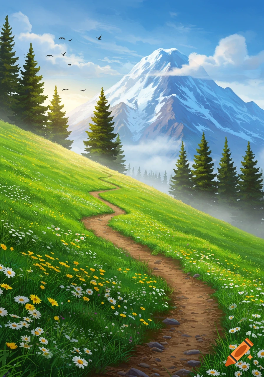 Illustrated winding dirt path on a vibrant green, flower-filled hillside, leading to a snow-capped mountain under a blue sky with pine trees.
