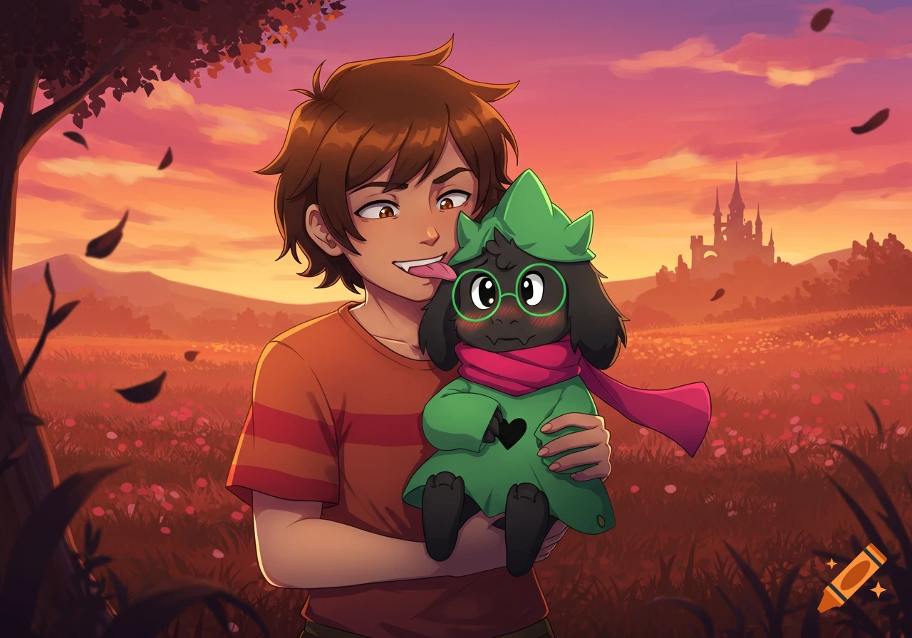 Anime character Chris holding Ralsei and licking their face in a vibrant field at sunset with a castle in the background.