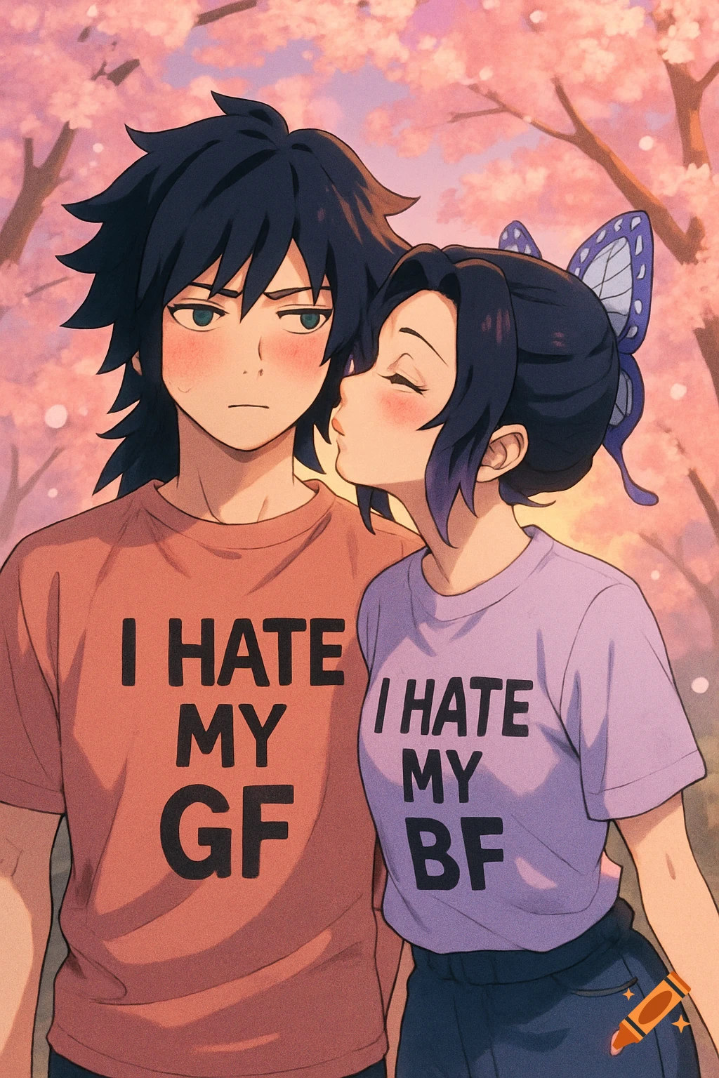 Anime couple, a man in an 'I hate my GF' shirt, blushing as a woman in an 'I hate my BF' shirt kisses his cheek, under cherry blossoms.