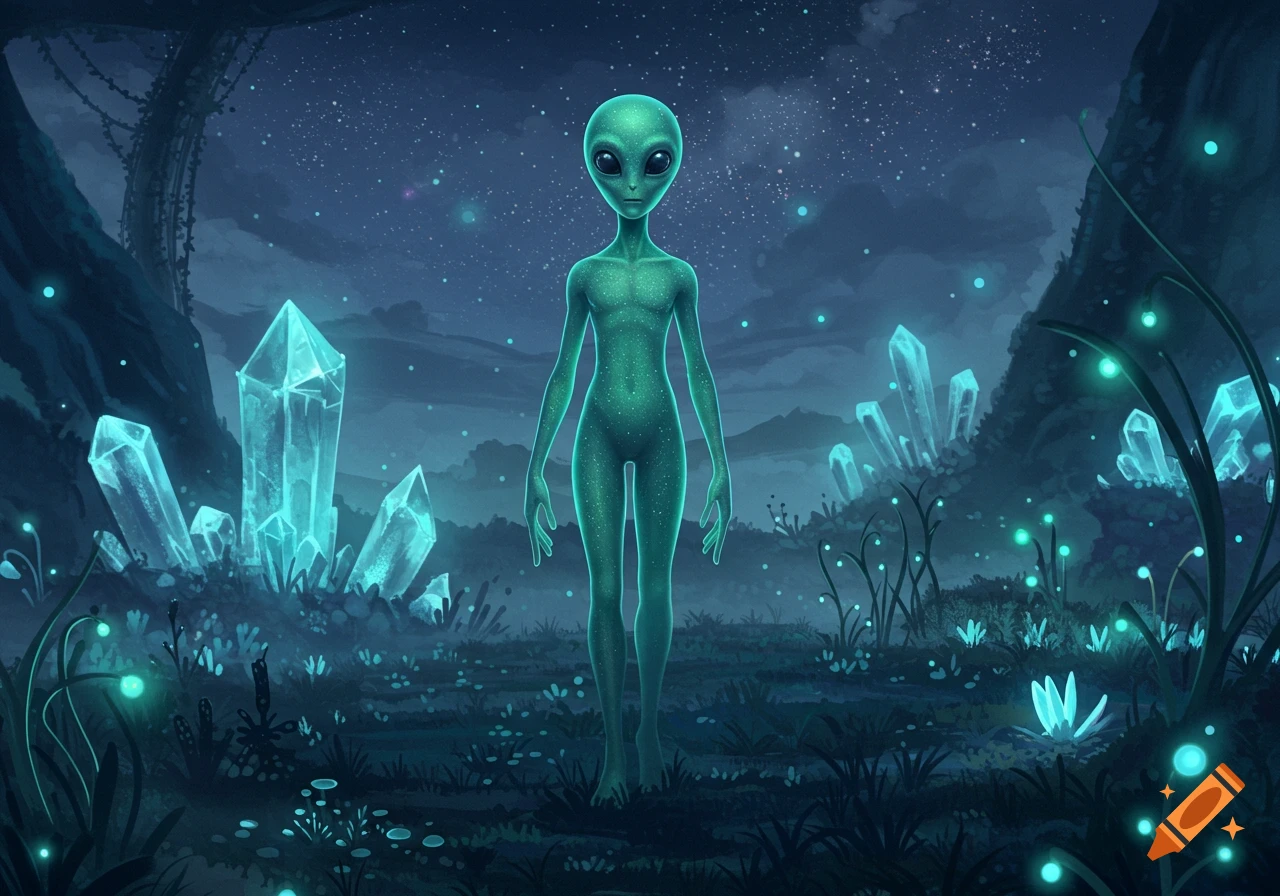 Green alien humanoid stands in a glowing crystal forest under a starry night sky, stylized art.