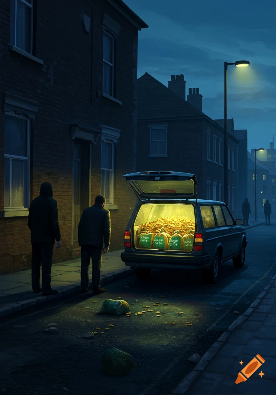 Two figures stand by a car with its trunk open, revealing glowing gold and bags. Coins are scattered on a dark, wet urban street at night.