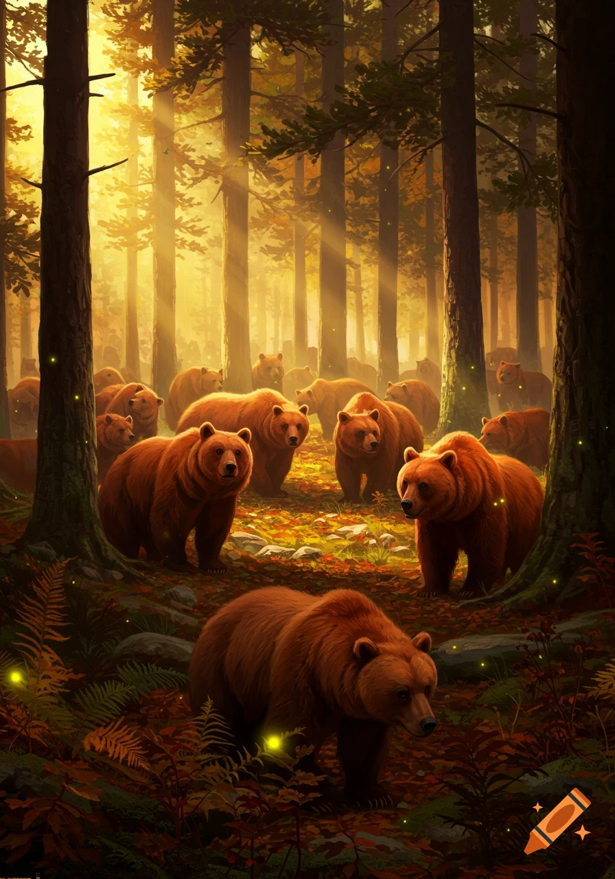 A large group of brown bears stands in a sunlit autumn forest, with glowing specks of light in the foliage. Digital painting style.