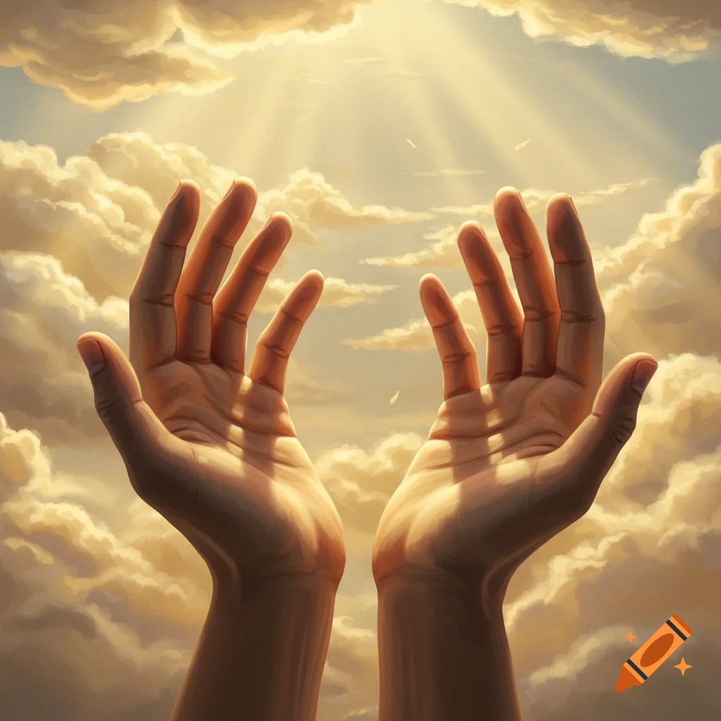 Two hands with palms facing up reach towards a bright, cloudy sky, rendered in a painterly style.