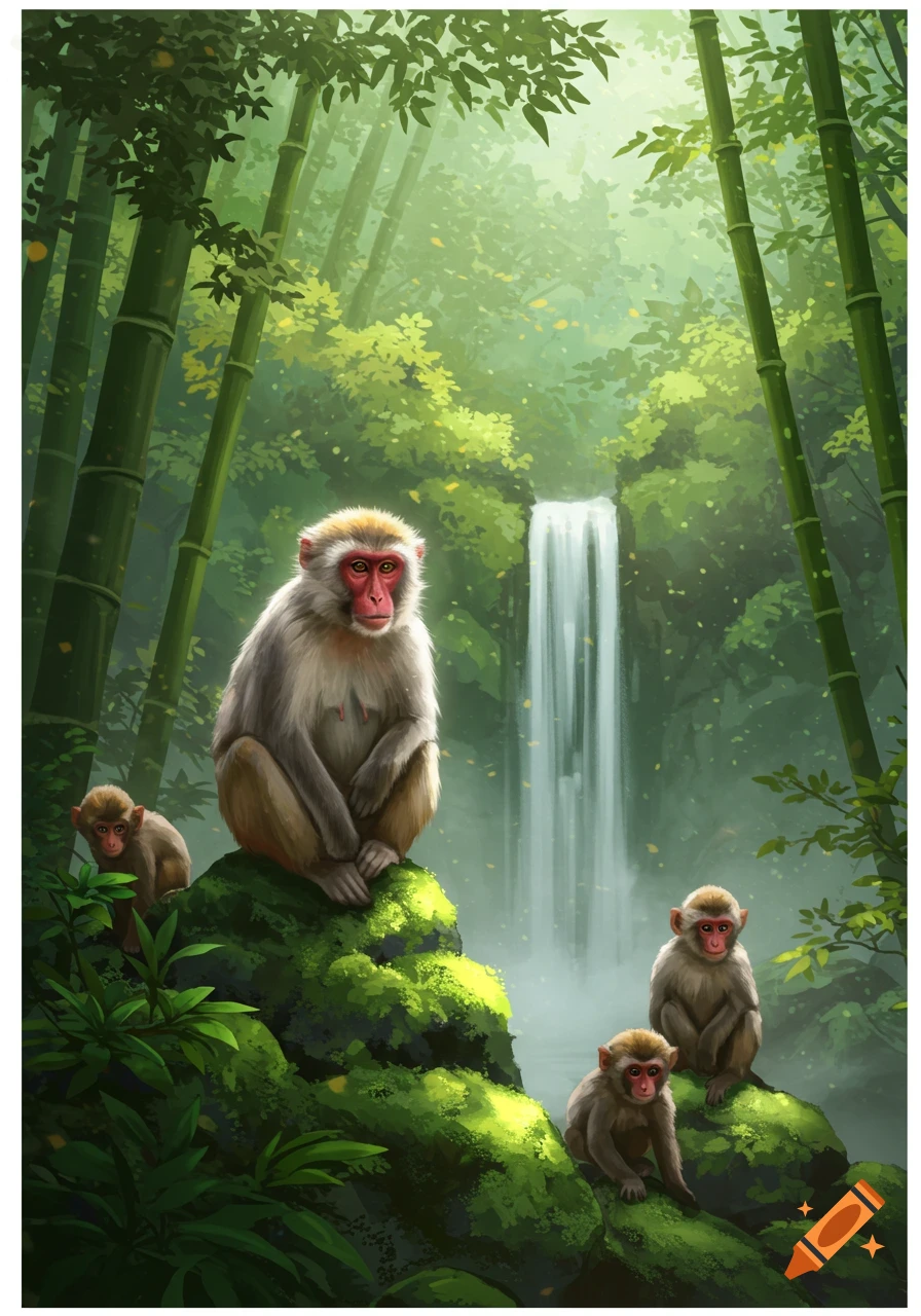 A large macaque and three baby macaques sit on mossy rocks in a lush bamboo forest with a waterfall, rendered in a painterly style.