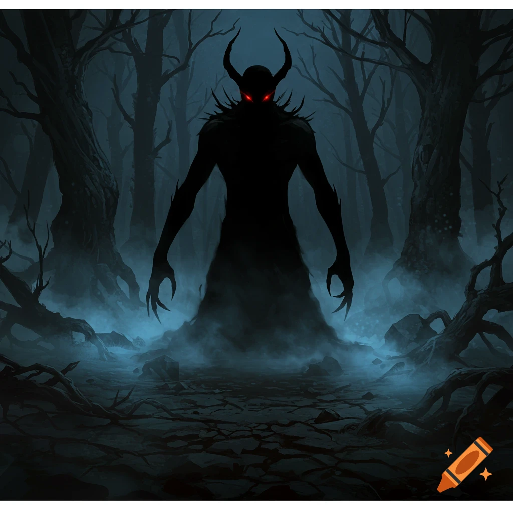 A shadowy horned demon with glowing red eyes stands in a dark, misty forest, in a dark fantasy art style.