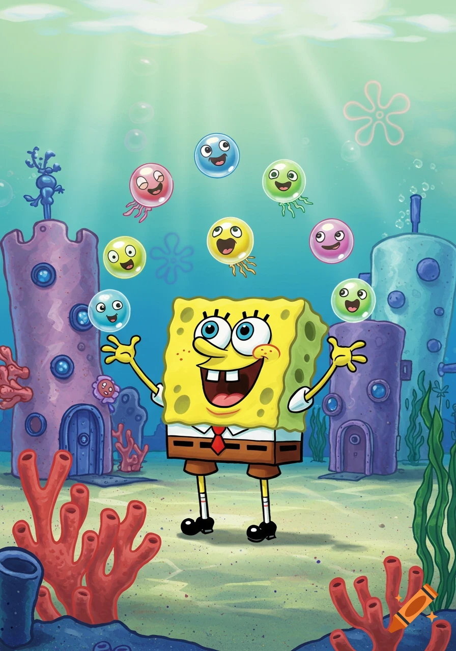 Spongebob Squarepants juggles colorful, smiling jellyfish underwater, with his pineapple home and coral visible.