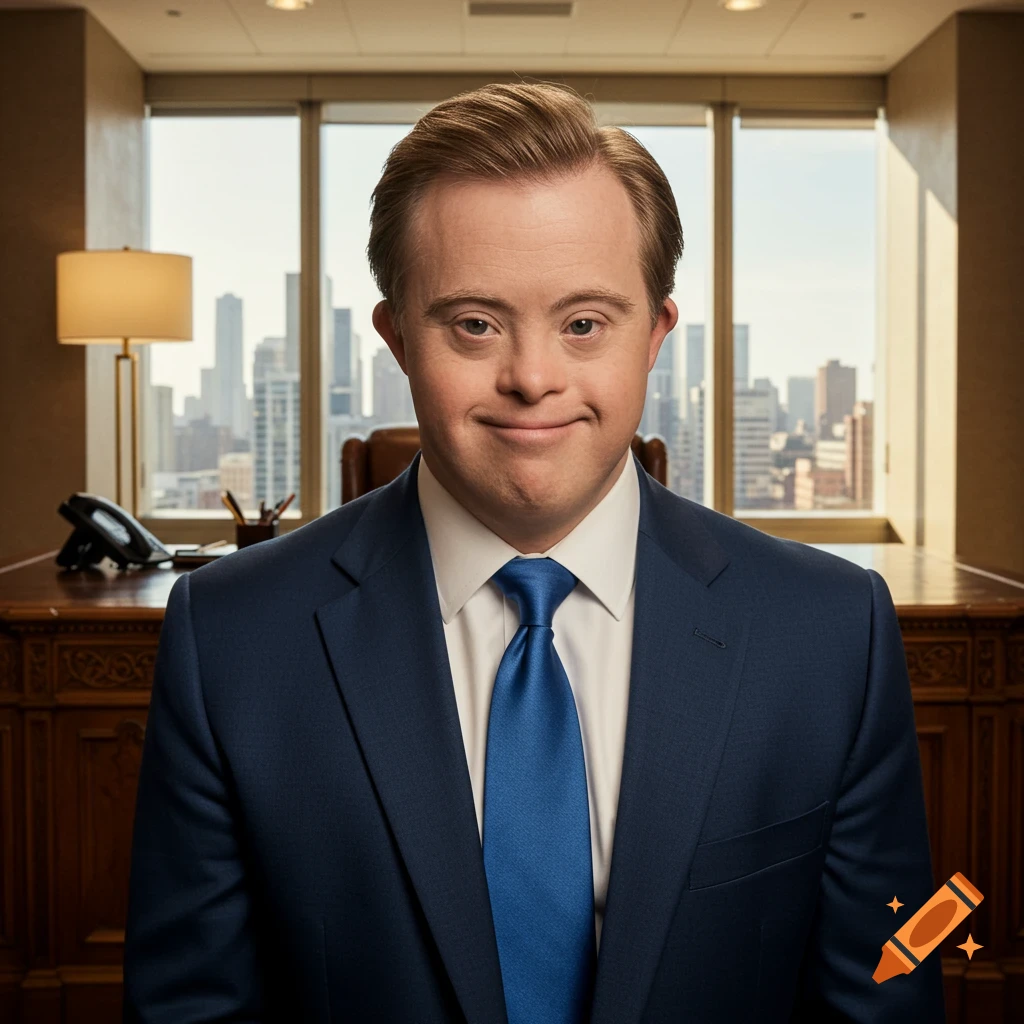 Photorealistic portrait of a man with Down syndrome in a blue suit and tie, smiling in an office with a city view.