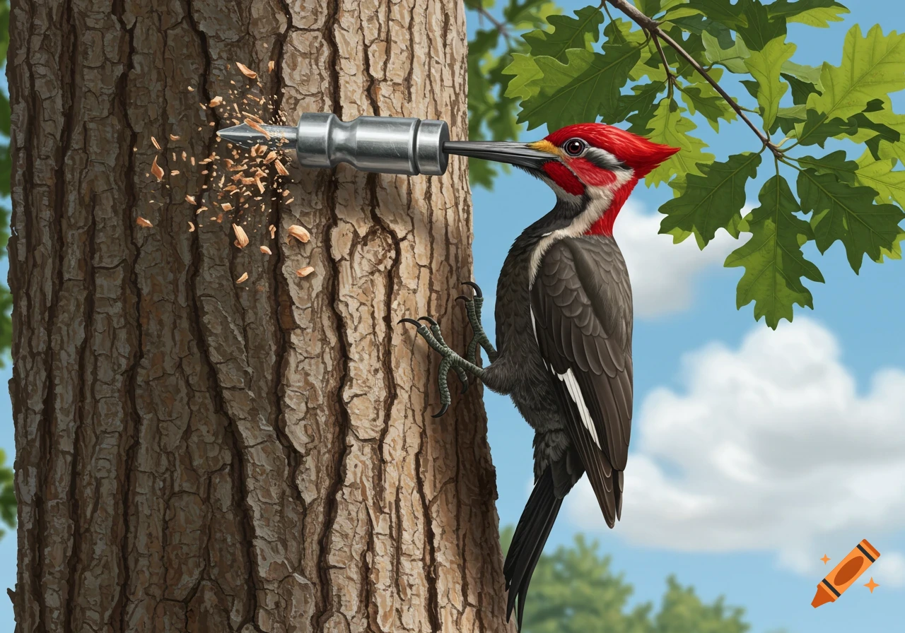 A red-headed woodpecker with a metallic jackhammer beak drills into a tree trunk, scattering wood chips, against a blue sky.