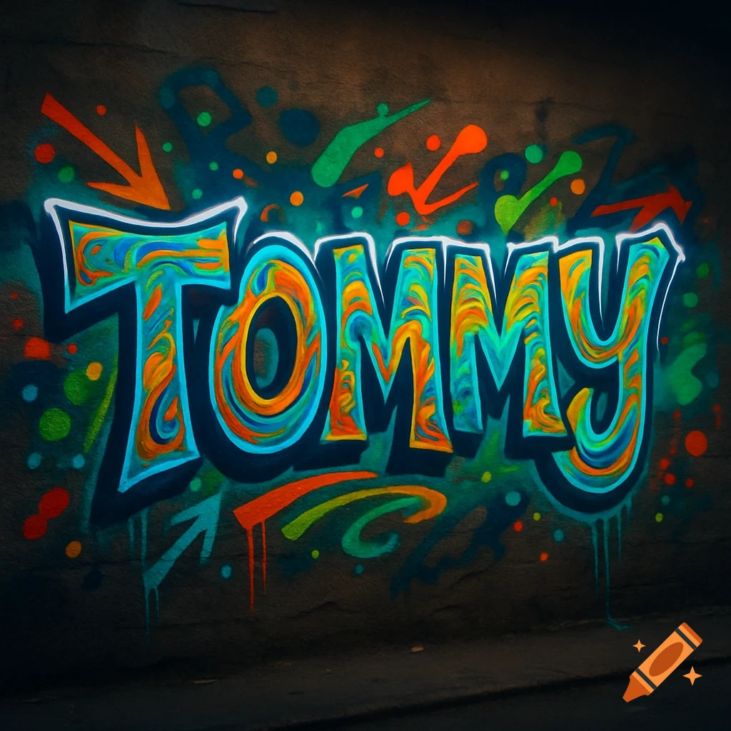 Vibrant graffiti art spelling 'TOMMY' on a dark concrete wall.