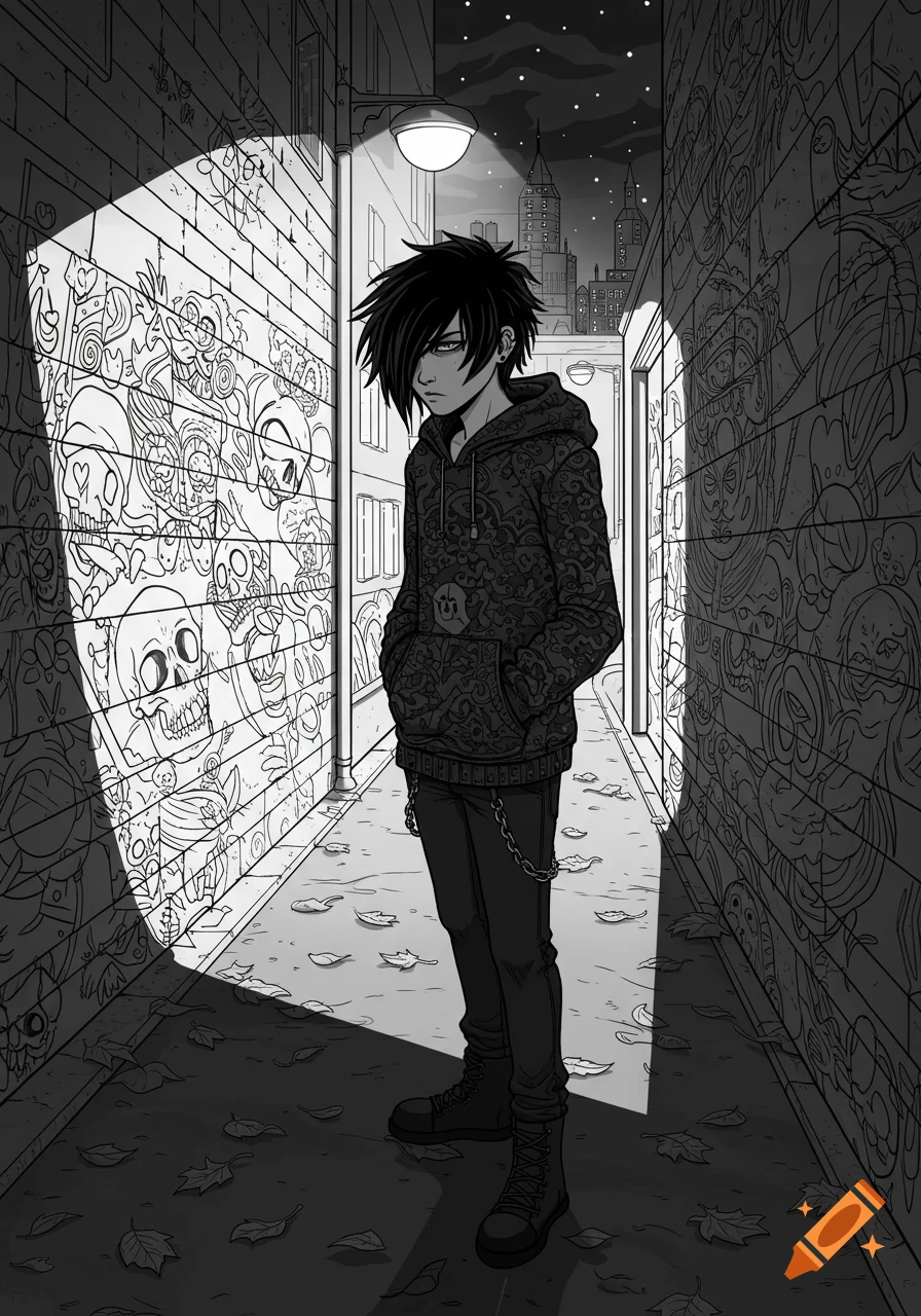 Black and white line art of an emo teenage boy standing in a dark, graffiti-filled alleyway with hands in his pockets.