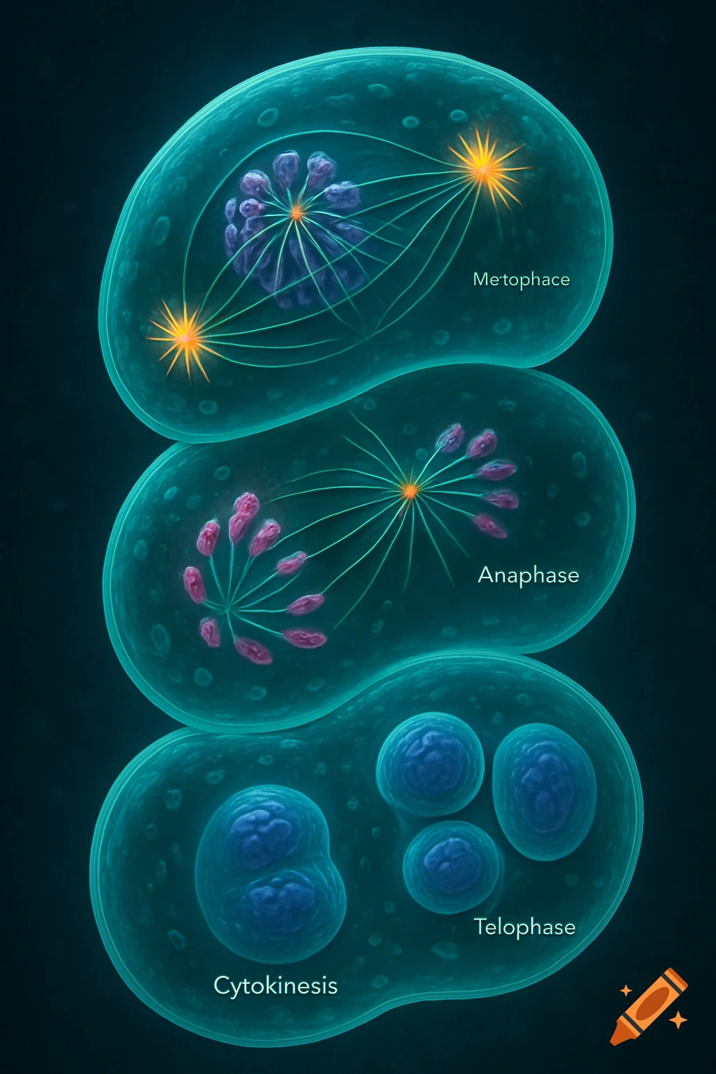 Illustration of animal cell mitosis stages: metaphase, anaphase, telophase, and cytokinesis, with chromosomes and spindle fibers.