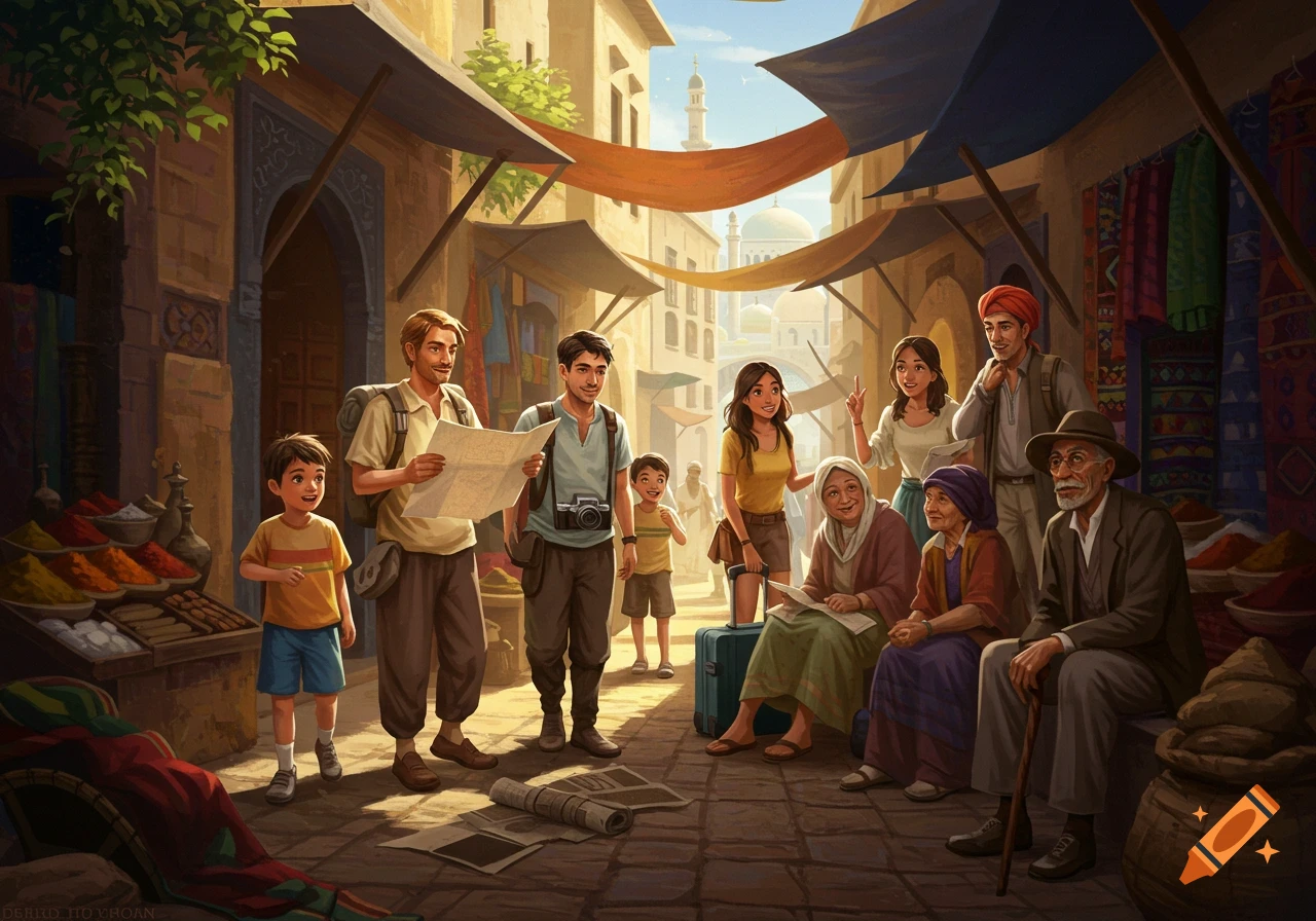 Stylized illustration of a multi-generational group of travelers exploring a bustling marketplace street, with spices and textiles for sale, under awnings.