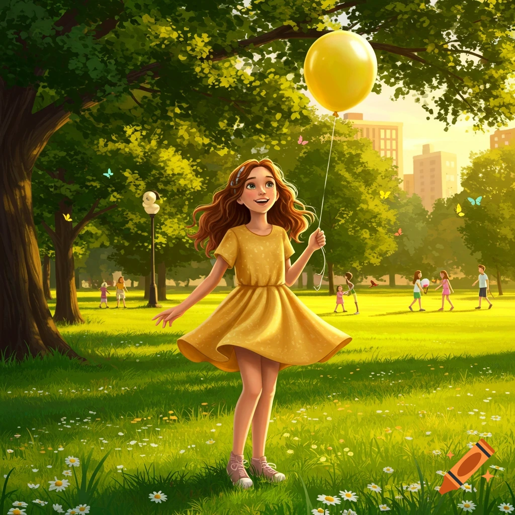 A smiling young girl in a yellow dress holds a yellow balloon in a sunny, green park with trees, flowers, and distant buildings.
