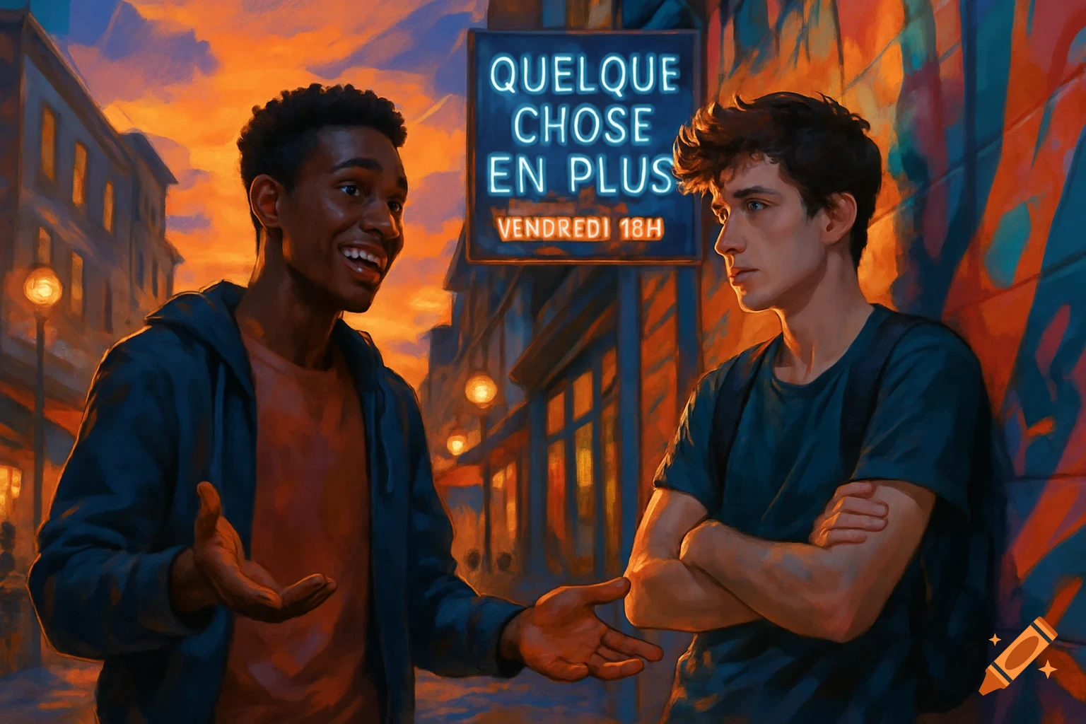 Two young men talking on a street at night, with a neon sign glowing 'QUELQUE CHOSE EN PLUS VENDREDI 18H' in a digital painting style.