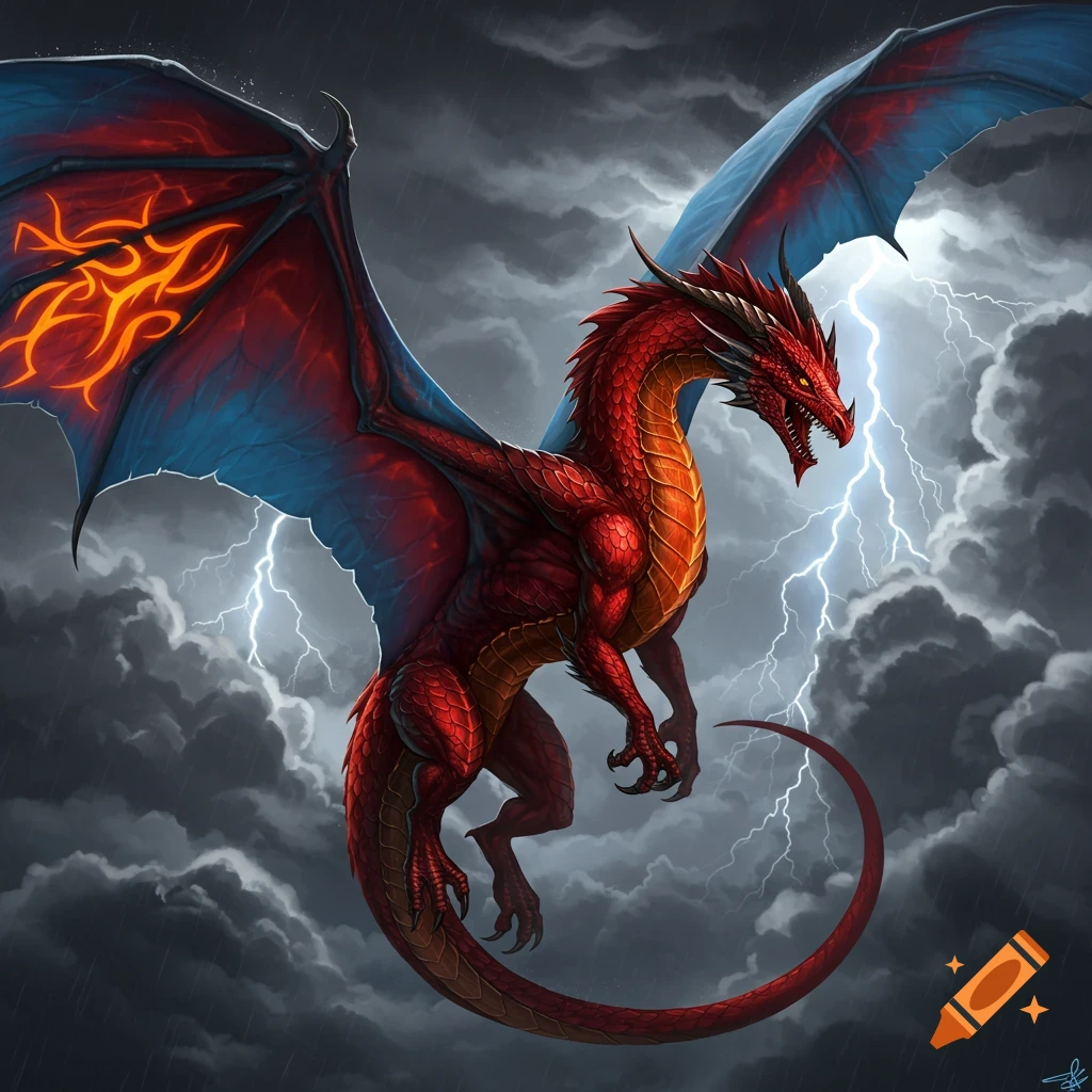 A majestic red and orange dragon with large blue-red wings and a flame design on its left wing, flying through a stormy, lightning-filled sky.