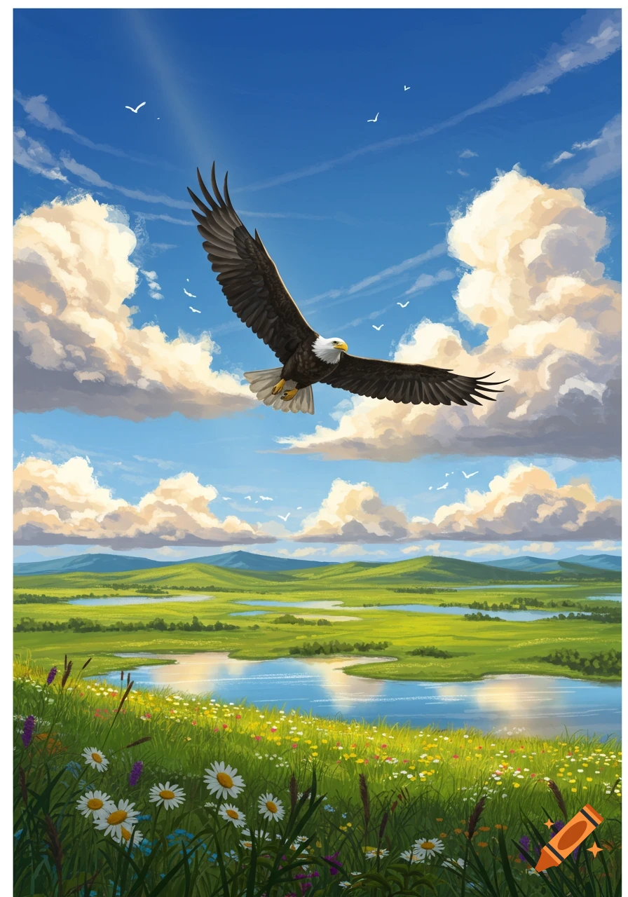 A bald eagle soars over a vibrant green landscape with rivers, mountains, and wildflowers under a bright blue sky. Digital illustration.