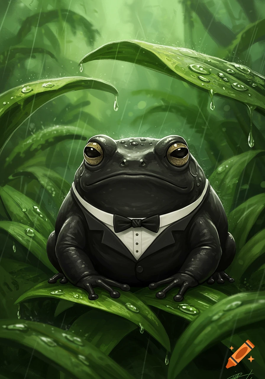 A round, grumpy black frog in a tuxedo sits on green leaves with water droplets in the rain.