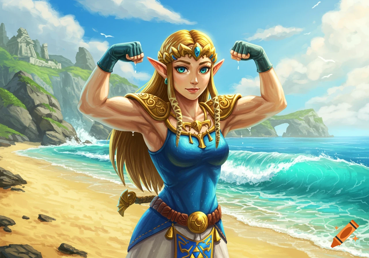 Princess Zelda flexes her muscular arms on a sunny tropical beach with ancient ruins in the background.